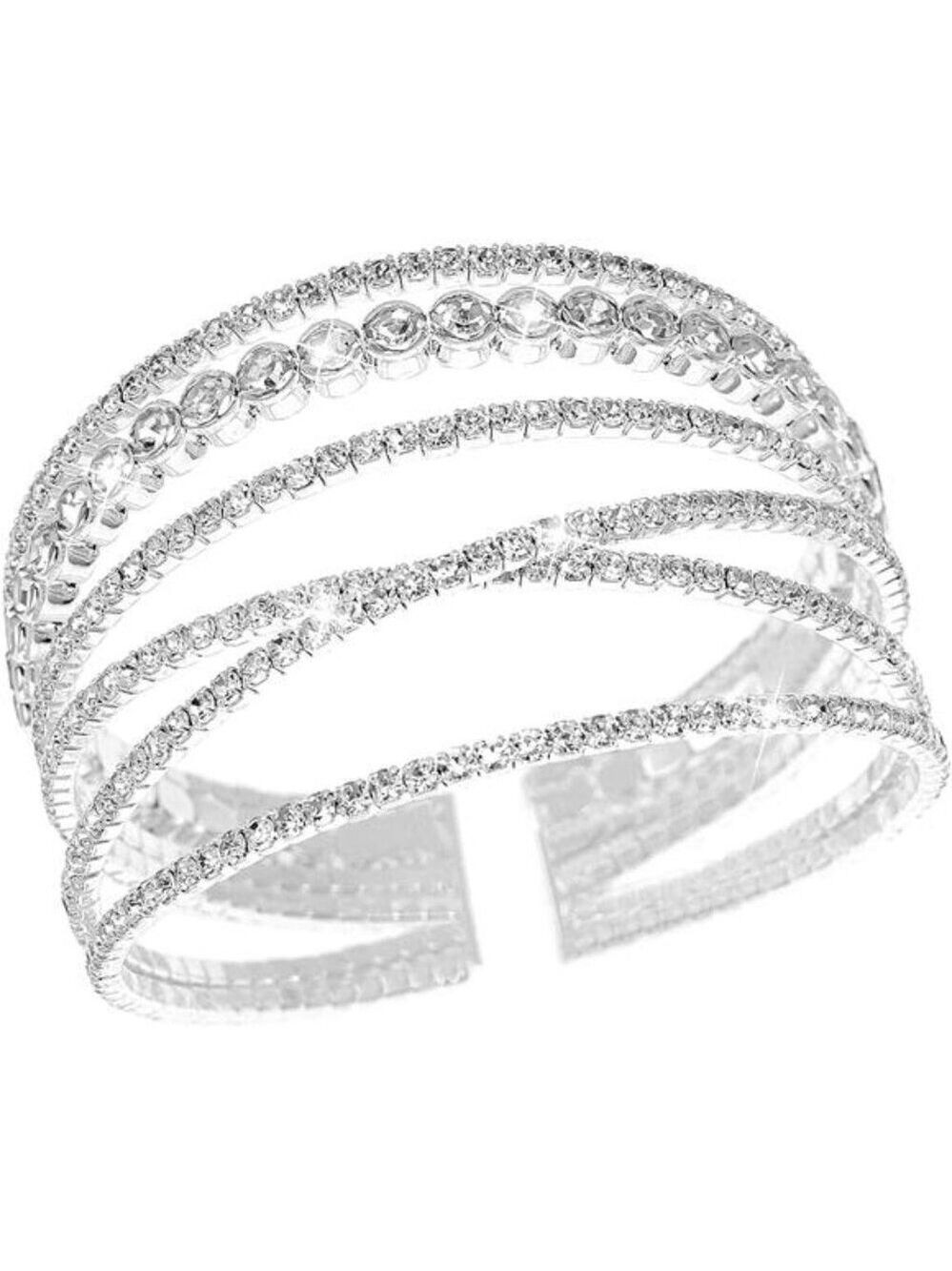 Rhinestone Bracelet Silver Cuff Multilayer Crystal Adjustable Womens Jewelry Gif
